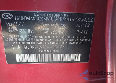 2017 Hyundai Sonata Se из США, поврежденный, VIN 5NPE24AF2HH584104